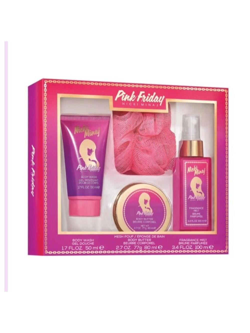 Nicki Minaj Pink Friday 4pc Gift Set ,Fragrance Mist, Body Butter ,Mesh Pouf NEW